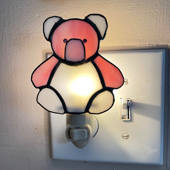 VintageTeddy Bear Stained Glass Night Light  Plug-In  Kids Room Decor  Pink & Wh - Picture 3 of 8